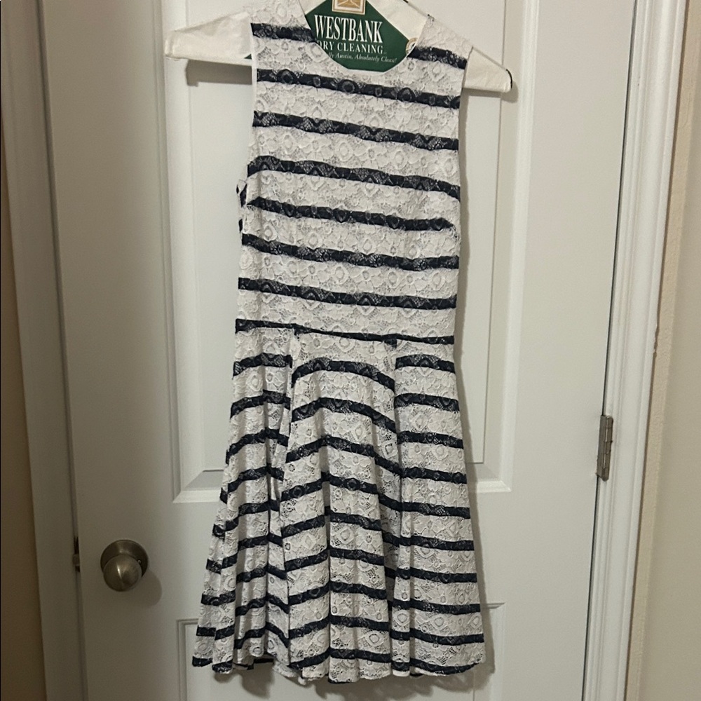 Maison Jules Navy and White Striped Lace Midi Dress